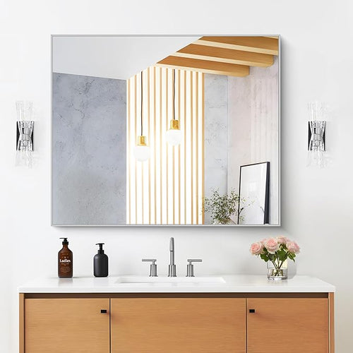 30" x 30"Bathroom Mirror, Silver Rectangle Corner Wall Mirror with Metal Frame, Decorative Rectangular Vanity Mirror for Bedroom Bathroom Living Room Entryway (Horizontal/Vertical)