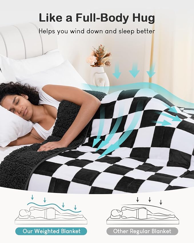 Cottonblue Weighted Blanket for Adults Queen Size 15lbs, Soft Sherpa Flannel Checkered Weighted Blankets, Fluffy Fuzzy Fleece Bed Heavy Blankets for Calming and Relax, Plaid Black, 60" x 80"