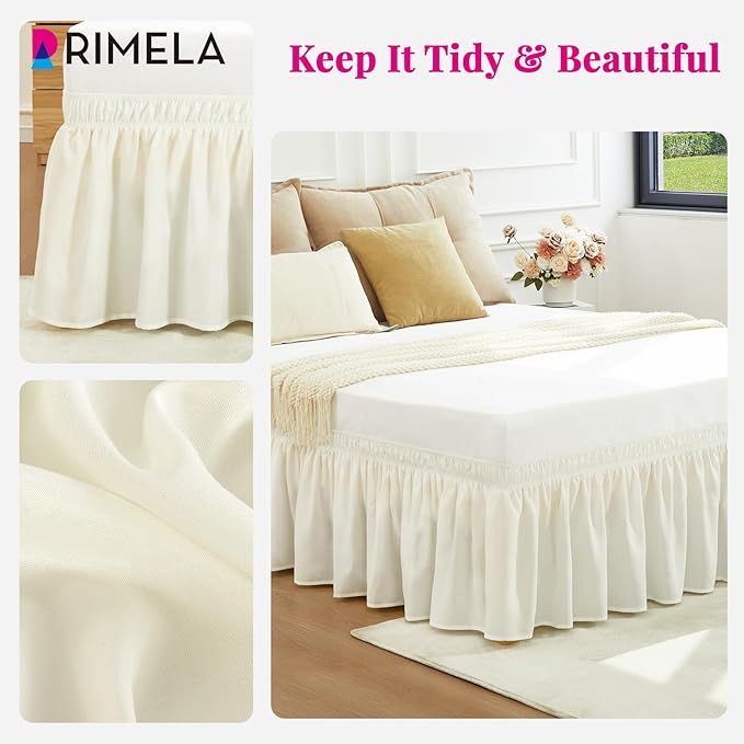 RIMELA Ivory White Bed Skirt Queen Size 12 Inch Drop, Wrap Around Elastic Adjustable Bedskirt, Bed skirting Dust Ruffle for Bed Frame & Box Spring Soft Durable Fabric Machine Washable Easy to Install