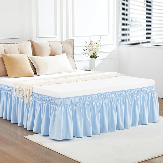 RIMELA Light Blue Bed Skirt King Size 15 Inch Drop, Elastic Bed Skirting for Bed Base and Frame, Bedding Dust Ruffle Easy to Install, Lightweight Wrap Around Adjustable Bedskirt