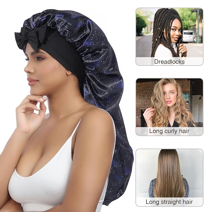 AWAYTR Long Satin Bonnet for Women - Double Layer Elastic Silk Bonnet for Braids Hair Sleeping Cap with Tie Band (Nebula+Black)