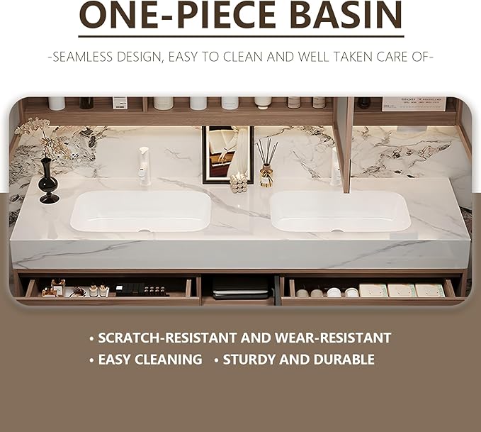 92IN Bathroom Vanity with Double Sink, Modern Bathroom Vanity with LED Smart Defog Mirror Cabinet & Integrated Ceramic Sink, Floating Vanities with Drawers and Glass Cabinet Door (Walnut)