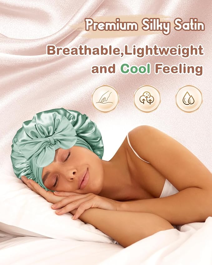 BONNET QUEEN Silk Bonnet for Sleeping Women Satin Bonnet Night Sleep Cap Wrap for Curly Hair with Adjustable Tie Band, Single Layer, Small, Sage