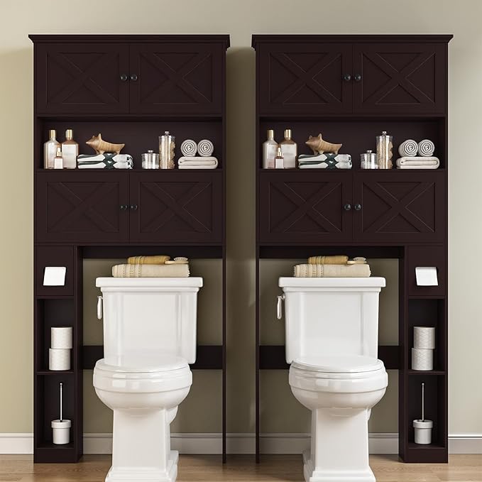 Over The Toilet Storage Cabinet, Farmhouse Storage Cabinet Over Toilet with 4 Barn Doors & Toilet Paper Holder Stand, Espresso Toilet Shelf Home Space Saver for Restroom, Bathroom, Laundry