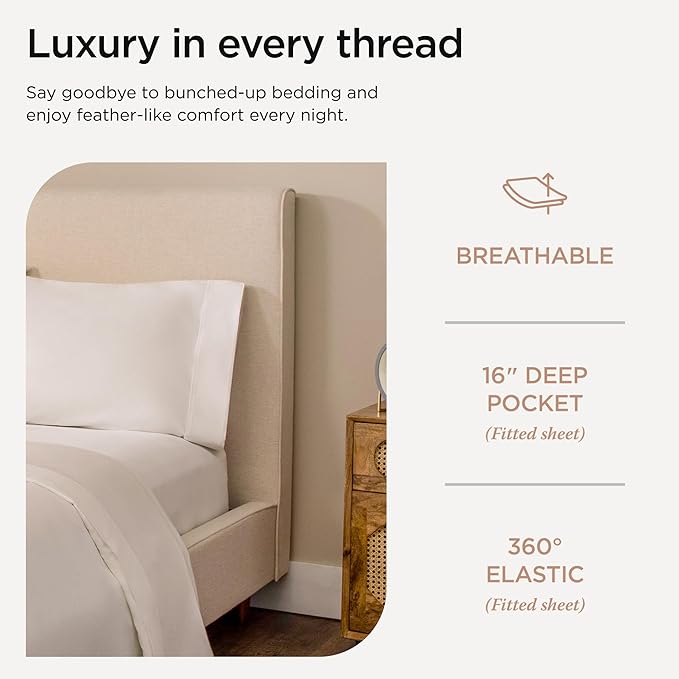 Threadmill 100% Cotton Sheets for Full Size Bed - 600 Thread Count Full Bed Sheets Set with 16” Deep Pocket - Sateen Weave 4-Piece Bedding Set with Cooling Effect, White