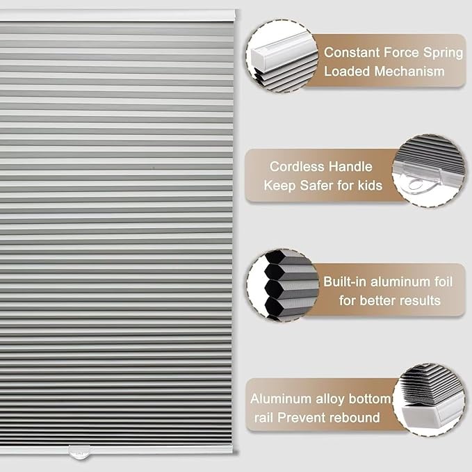 MYshade 1.5-Inch Cellular Cordless Blackout Shades,Thermal Insulating Noise Reducing Waterproof Blinds,Honeycomb Window Treatments for Indoor Light Control (Grey-38 W x 64" H)