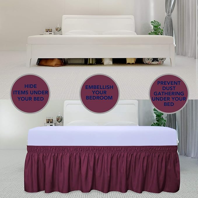PureFit Wrap Around Ruffled Bed Skirt with Adjustable Elastic Belt - 18 Inch Drop Easy to Put On, Wrinkle Free Bedskirt Dust Ruffles, Bed Frame Cover for Queen, King and C-King Size Beds, Wine