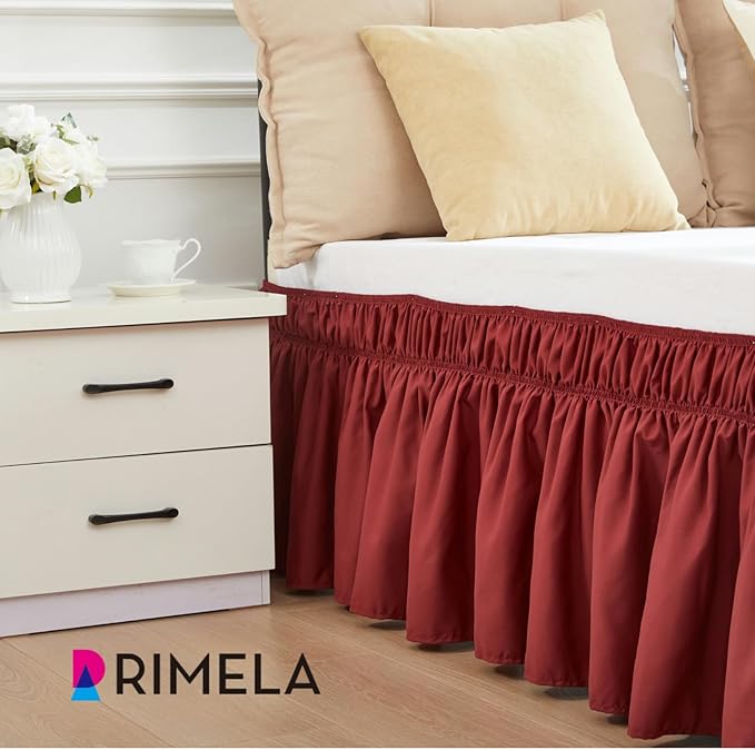 RIMELA Wine Red Bed Skirt Queen Size 15 Inch Drop, Elastic Bed Skirting for Bed Base and Frame, Bedding Dust Ruffle Easy to Install, Lightweight Wrap Around Adjustable Bedskirt