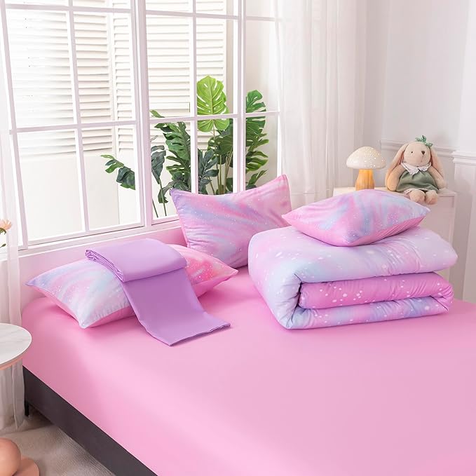 6Pcs Pink Comforter Set Full for Kids Girls, Pink Art Tie Dye Bedding Sets with Sheets, Bed in A Bag Full(1 Comforter, 1 Flat Sheet, 1 Fitted Sheet, 1 Cushion Cover, 2 Pillowcases)