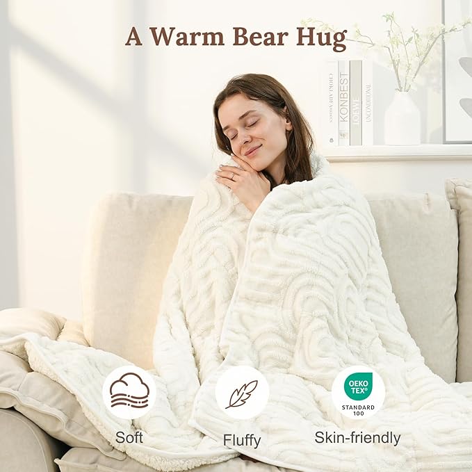 Sherpa Fleece Adult Weighted Blanket Great for Sleep, 15 lbs Dual Sided Soft Fuzzy Heavy Blankets for Couch Bed Sofa, Cozy Warm Arched Jacquard Throw for Winter (Cream White, 60" x 80", 15 Pounds)