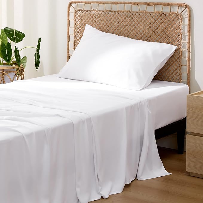 Bedsure Cooling Sheets Twin, Rayon Derived from Bamboo, Cooling Sheets, Breathable & Soft, Deep Pocket Up to 16 Inches, Hotel Luxury Silky Bedding for Hot Sleepers, White