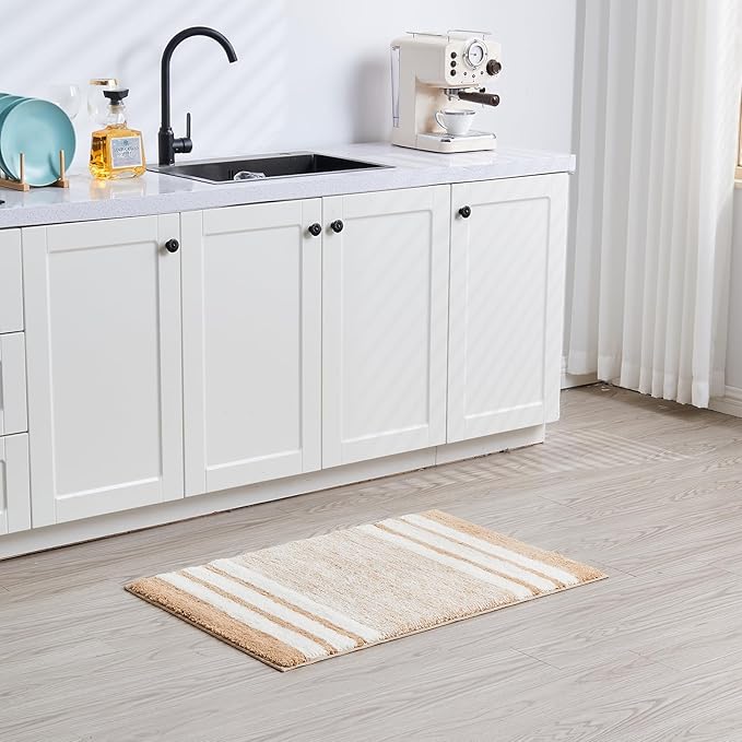 CozeCube Bath mats for Bathroom Non Slip, Fluffy Absorbent Microfiber Bath mat Washable, Aesthetic Bathroom Rugs, Large Beige Striped Bath mat, Beige, 36" x 24"