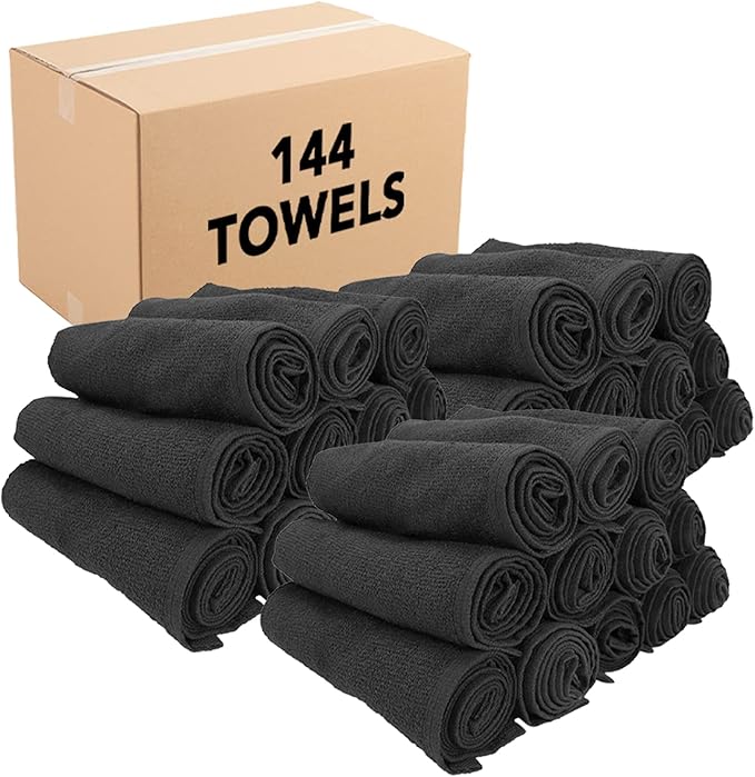 Arkwright Bleach Proof Salon Towels Bulk - Case of 144 - Highly Absorbent, 100% Cotton, Quick Dry Spa Face Towel for Hair Stylist, Barber, Pedicure, and Esthetician, 16 x 28 in, Black
