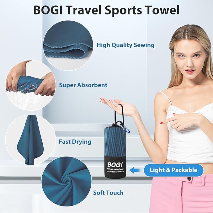 BOGI Microfiber Travel Sports Towel-Quick Dry, Soft Lightweight, Absorbent, Compact for Camping, Gym, Yoga, Swimming, Backpacking (L:60''x30''+16''x16''-Nblue)