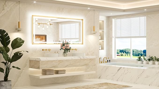 TETOTE 72 x 32 Large Bathroom Mirror Brushed Gold Metal Frame Frontlit & Backlit Vanity Mirror 3 Colors White/Warm/Natural Stepless Dimmable Anti-Fog Bathroom Mirrors for Vanity Wall-Mounted