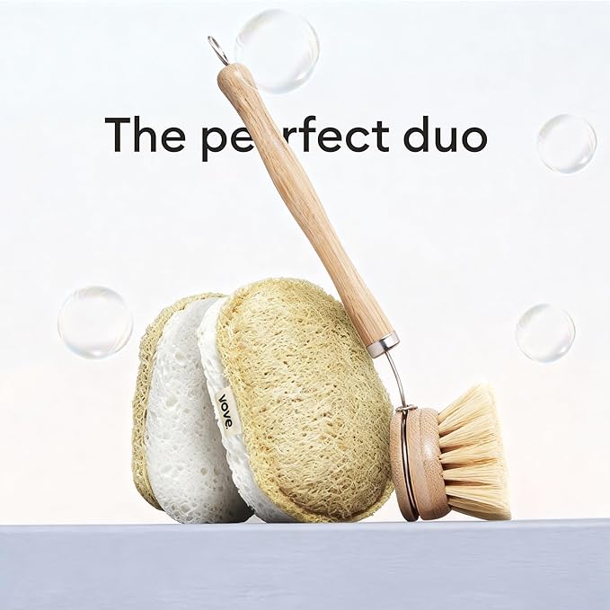 Vove Scrub Sponges 4 Pack, Cellulose & Cotton with Natural Loofah, Eco-Friendly Loofah Dish & Kitchen Sponges, Bathroom Scrubbing Pads, FSC-Certified Packaging