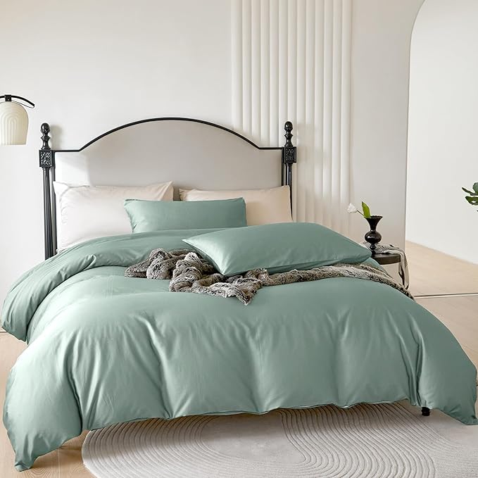 PURE ERA Duvet Cover Set 800 Thread Count Long Staple Cotton Sateen Silky Soft Luxurious Smooth 3 Piece Set Sage Green Cal King