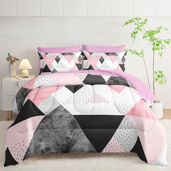 Queen Size Comforter Set - 7 Piece Pink & Gray Triangle Geometric Bedding, Ultra Soft Microfiber, Modern Aesthetic, All Season