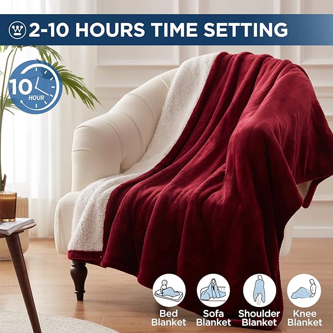 Westinghouse Heated Throw Blanket, Electric Blanket Throw with 6 Heating Levels and 2-10 Hours Time Settings, Flannel to Sherpa Super Cozy Heated Blanket Machine Washable, 50x60 inch, Red