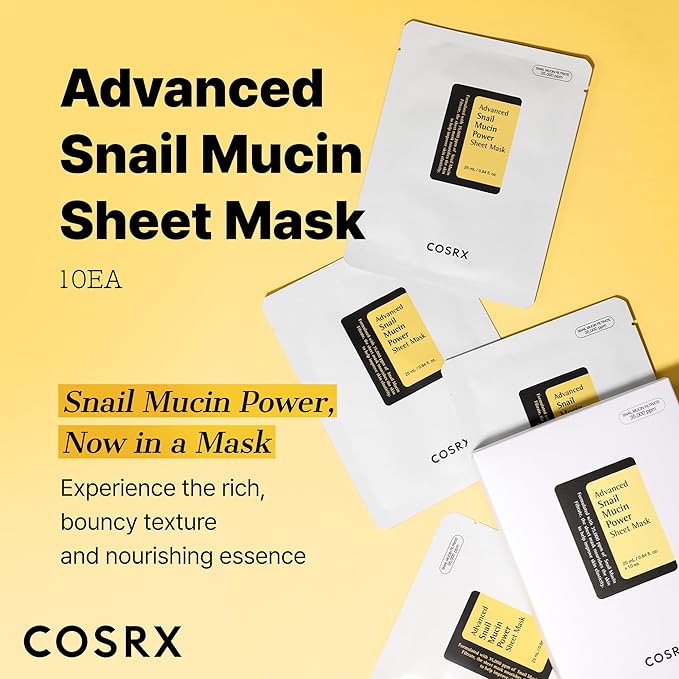 COSRX Snail Mucin Sheet Mask 10 EA with Snail Mucin Serum, Self Care, Face Masks for Dry, Sensitive Skin, Not Tested on Animals, No Parabens, No Sulfates, Korean Skin Care, Stocking Stuffers