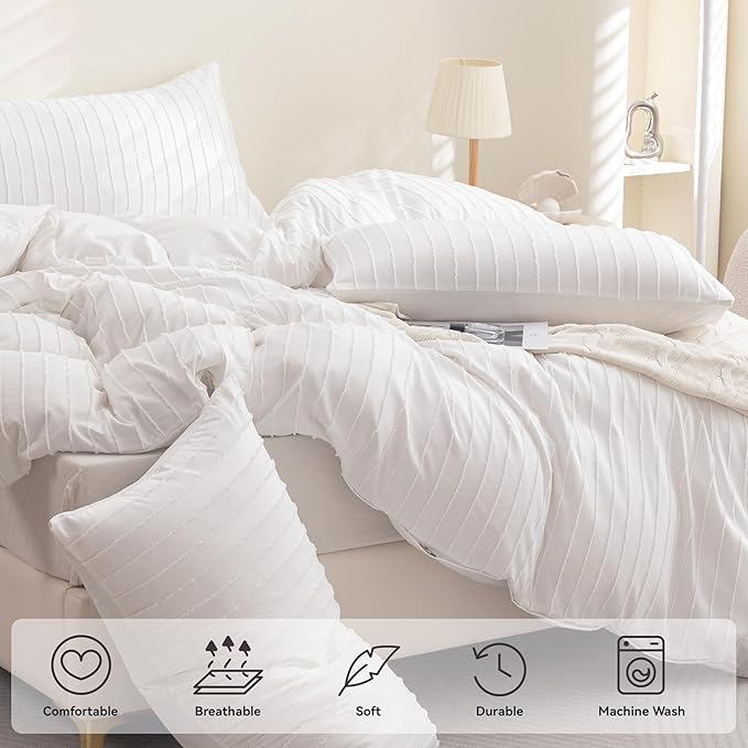 JELLYMONI Duvet Cover Twin Size Bright White - 3PCS Boho Striped Duvet Cover Set Polyester Tufted Bohemian Textured Comforter Cover 68×90in with Corner Ties & Zipper and 2 Pillowcases