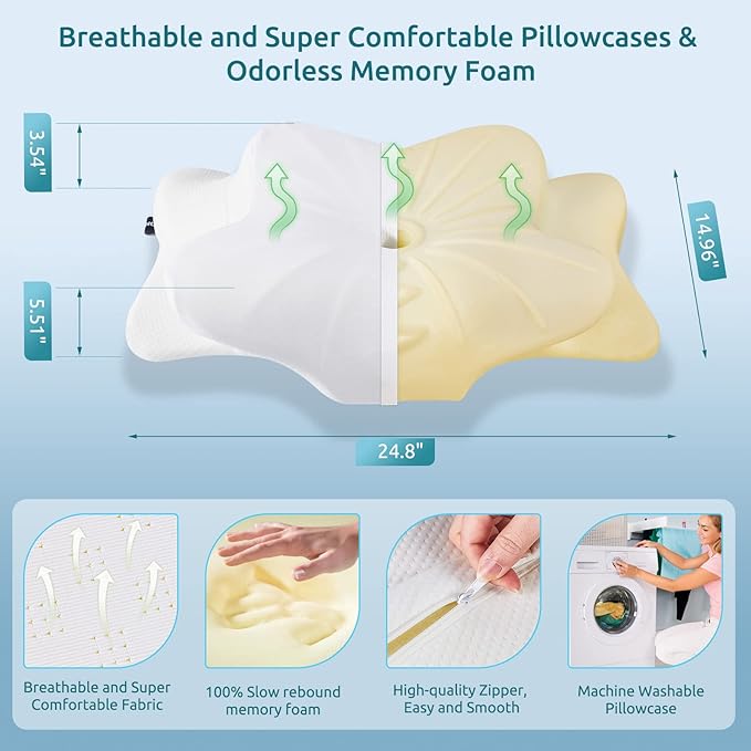 DONAMA Cervical Pillow for Neck and Shoulder,Contour Memory Foam Pillow,Ergonomic Neck Support Pillow for Side Back Stomach Sleepers with Pillowcase