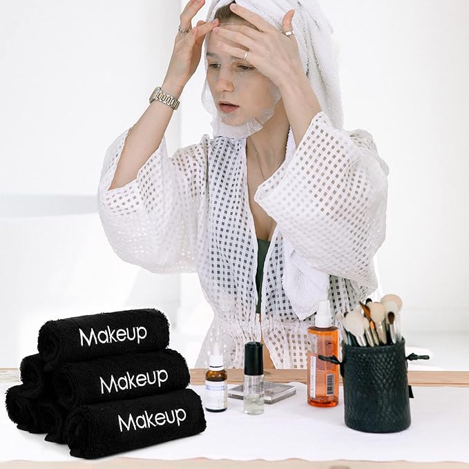 Panelee 13 Inch Makeup Washcloths Black Makeup Towels Cotton Face Wash Cloths Bulk Facial Remover Cleansing Towels Soft Cosmetic Water Absorbent for Women Hand Skin Care(12 Pcs)