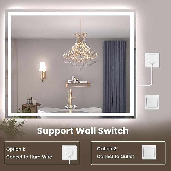 55"X30" LED Bathroom Mirror with Front Lights and Backlit, Anti-Fog, Dimmable, Shatter-Proof Tempered Glass, Lighted Bathroom Vanity Mirror for Wall with 3 Colors, Memory Function