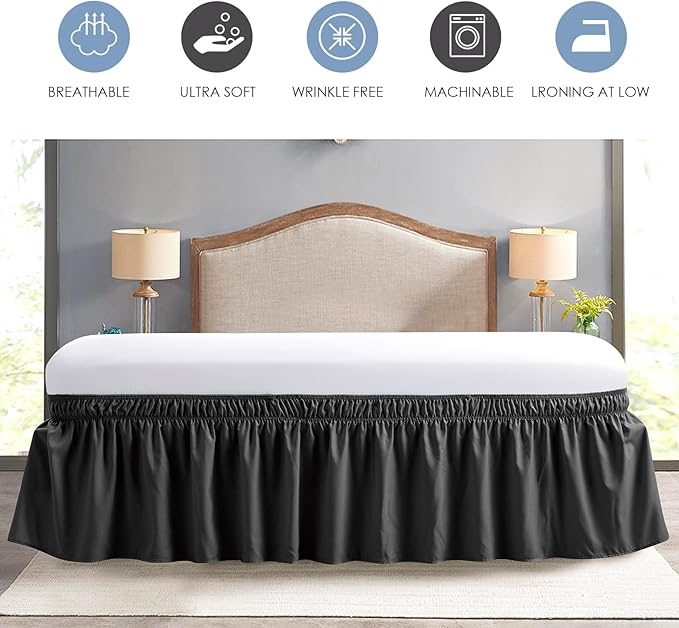 FreshCulture Queen Bed Skirt, Elastic Wrap Around Bed Skirt Queen Size, Bed Skirts for Adjustable Bed, Easy Fit with 22 Inch Drop Length, Hotel Quality Dust Ruffle for Queen Bed (Black)