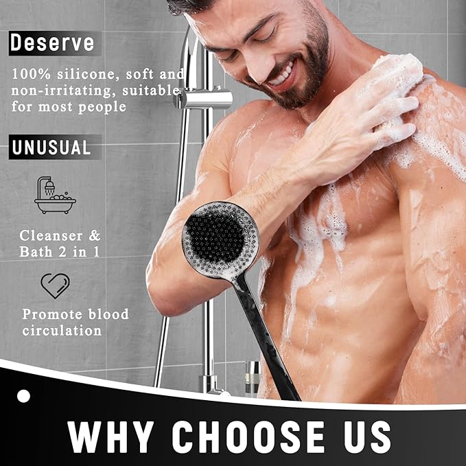 2 Pack Back Scrubber for Shower, 17in Lengthen Long Handle Body Brush, Double Sided Shower Brush for Shower Exfoliating and Massage Can Produce Rich Foam, Long Handle Back Scrubber for Men