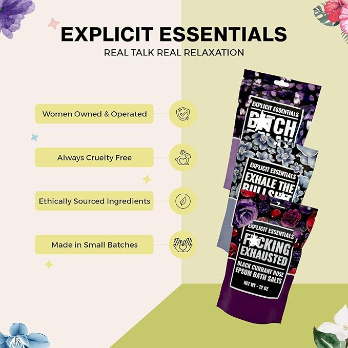 Explicit Essentials Bath Salts Gift Set | 3 Relaxing Epsom Salt Bath Soaks | Aromatherapy Epsom Salt Variety Pack for Stress Relief, Relaxation & Self-Care Gifts