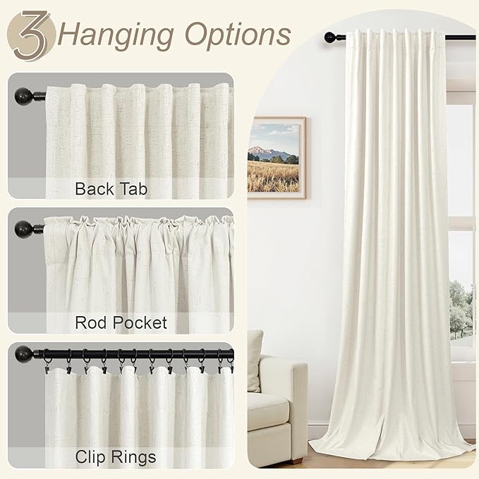 100% Blackout Curtains 90 Inch Long for Living Room 2 Panel Boho Modern Farmhouse Room Darkening Thermal Curtain for Winter Insulated Cream Linen Drape for Bedroom Aesthetic Patio Sliding Door Length