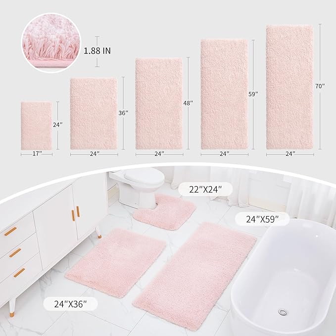 Bathroom Rug 20x32 Non Slip Fluffy Pink Bath Mat for Bathroom Floor Washable Plush Luxury Bath Rug for Tub Soft Shaggy Absorbent Shower Sink Mat
