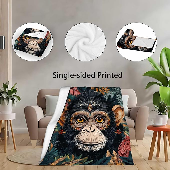 Tropical Monkey Leaves Throw Blanket | Modern Jungle Animal Decor | Lightweight and Cozy Fleece | Holiday and Birthday Gift Idea for Men and Women | 40x50 Inches