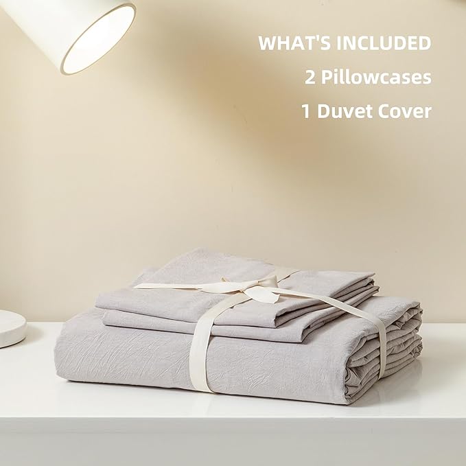 JIYUAN 100% Washed Cotton Duvet Cover Set 3 Pieces Oversized Queen, 1 Duvet Cover 98x98 Inches(Comforter Not Included) and 2 Pillowcases,Linen Feel Bedding Set Comfy and Breathable, Heathered Linen