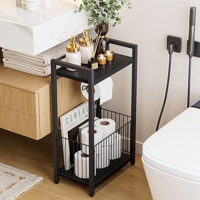 IBUYKE Freestanding Toilet Paper Holder Stand with Storage Shelf,Bathroom Toilet Tissue Roll Dispenser with Extra Space for Rolls, Magazines, Wet Wipes Black TLJ020B