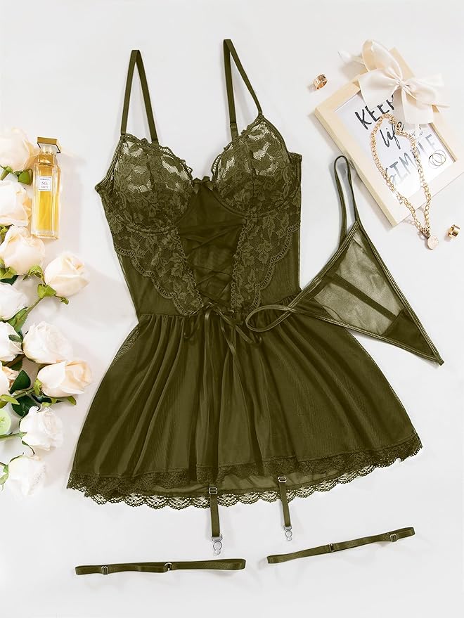 Lilosy Sexy Garter Belt Mesh Lace Babydoll Lingerie Dress Set with Thong
