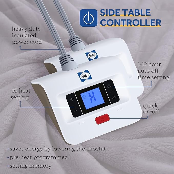 Sealy Electric Blanket Queen Size, Flannel Heated Blanket with 10 Heating Levels & 1-12 Hours Auto Shut Off, Machine Washable, Light Grey, 84 x 90 Inch