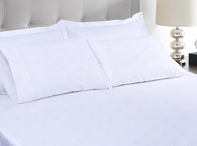 Threadmill Luxury 100% Cotton Queen Bed-Sheets - 800 Thread Count Jacquard Celine Hotel White, Better Than Egyptian Cotton,4 Pc Striped Bed Set, Damask Sheets with 16" Deep Pocket