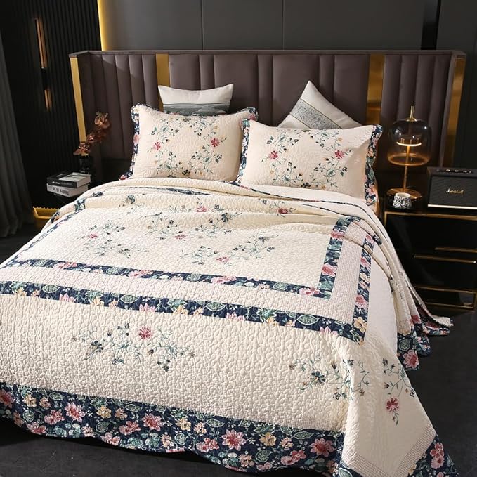 Quilt Set Floral Leaves 3D Embroidery Pattern 3 PCS Cotton Reversible Quilted Embroidered Decorative Bedspreads Coverlet Set, Lightweight &Soft Queen Size Beige Bedding Coverlet for All Season