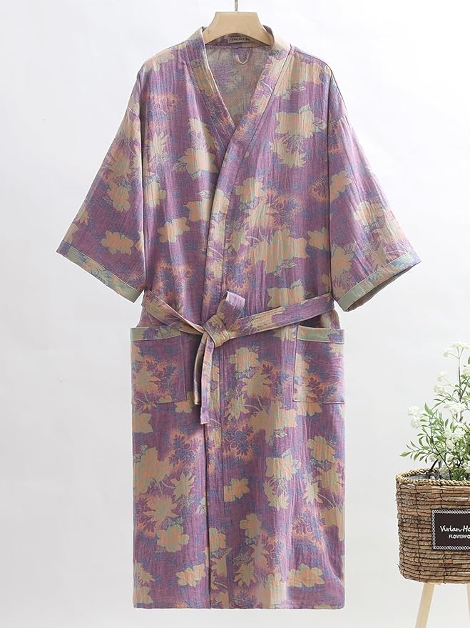 Women Cotton Double Gauze Jacquard Kimono Robe Bathrobe with Belt Pocket Comfortable Loungewear Yukata Sleepwear