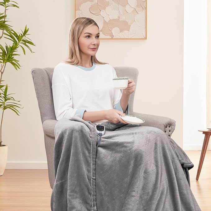 Sealy Heated Throw Blanket, Flannel Electric Blanket Throw with 6 Heating Settings & 2-10 Hours Auto Shut Off, Fast Heating & Machine Washable for Home Office Use, 50x60 Inch, Light Grey