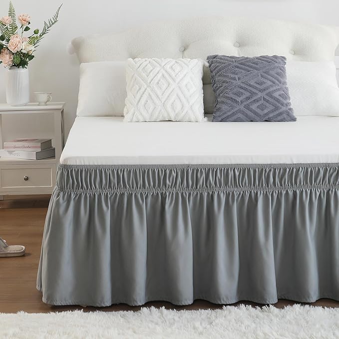 RIMELA Grey Queen Bed Skirt 18 Inch Drop,Elastic Bed Skirts Queen Size Dust Ruffle, Light Gray Bedskirt for Adjustable Bed Base Solid Wrinkle and Fade Resistant Silky Luxurious Fabric Machine Washable