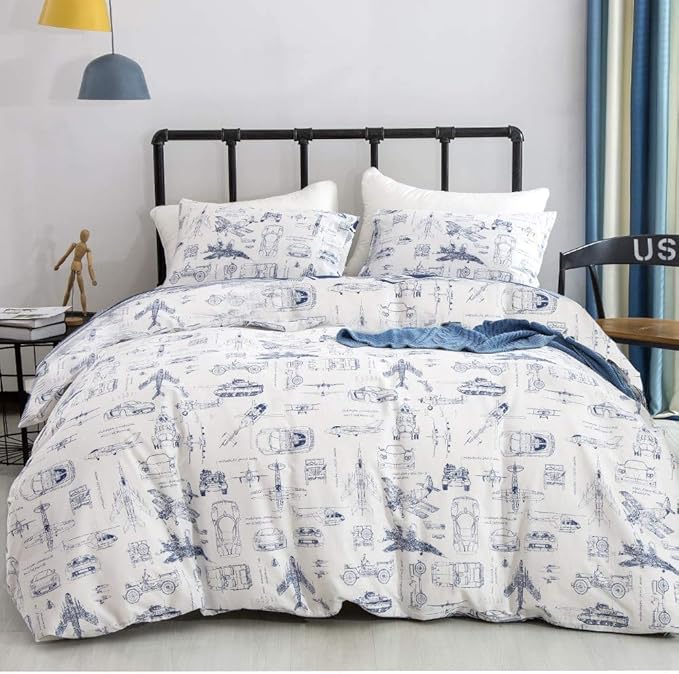KAREVER White Aircraft Comforter Set Twin Boys Cartoon White Bedding Set Airplane Comforter Car Tank Printed Bedding for Children Teen Boy Blanket Set