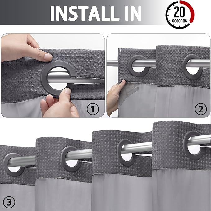 YellyHommy No Hook Shower Curtain with Snap in Liner Set Less Time Dark Grey Waffle Shower Curtain for Bathroom 75" L x 72" W