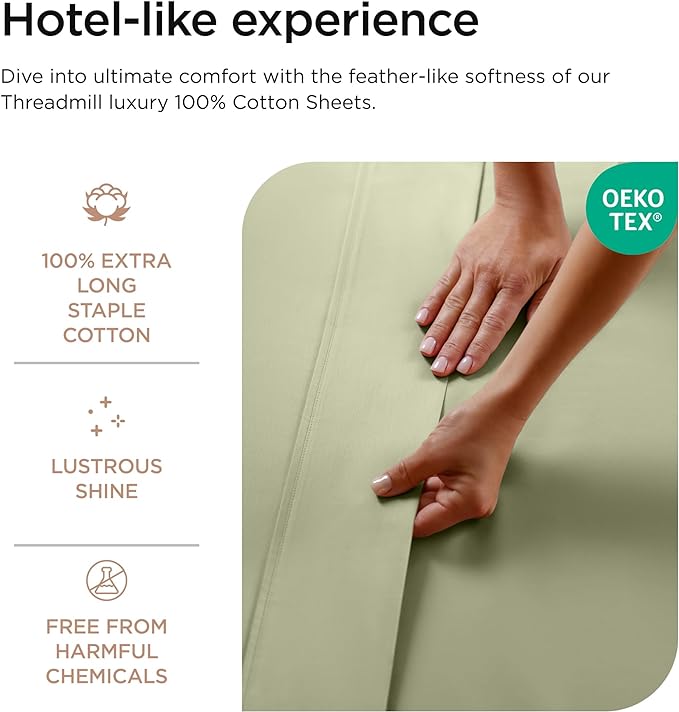 Threadmill 100% Cotton Sheets for Cal King Size Bed - 600 Thread Count Cal King Bed Sheets Set with 16” Deep Pocket - Sateen Weave 4-Piece Bedding Set with Cooling Effect, Sage Green