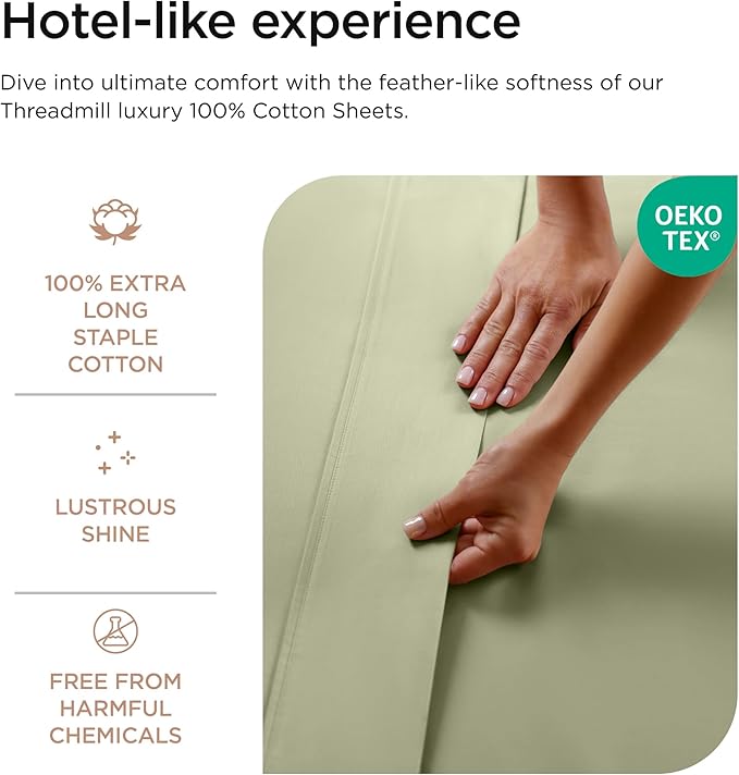 Threadmill Luxury 800 Thread Count King 100% Cotton Sheets - Sage Green Sateen Weave Bed-Sheets, Better Than Egyptian Cotton, 4 Pc Solid Soft Bed Set, Fits 16" Deep Pocket