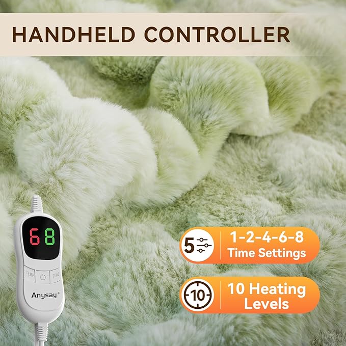 Heated Blanket Throw with 1/2/4/6/8 Hours Auto-Off 10 Heat Level, 62'' * 84'' Cozy Faux Rabbit Fur Bubble Electric Blanket with Overheat Protection(Tie-Dye Green)