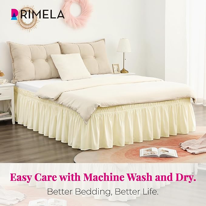 RIMELA Cream Yellow Bed Skirt Queen Size 15 Inch Drop, Elastic Bed Skirting for Bed Base and Frame, Bedding Dust Ruffle Easy to Install, Lightweight Comforter Set with Wrap Around Adjustable Bedskirt