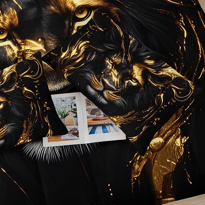 Black & Gold Queen Comforter Set Lion，Animal Print Queen Size Bedding，with 1 Comforter with 2 Pillow Case，Lion Themed Bedroom Decor for Boy Kids